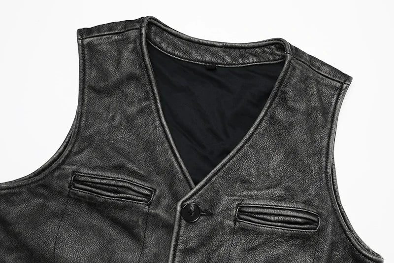 New Gery Vintage Genuine Leather Vest Man Natural Cowhide Work Clothes Men's Safari Style Slim Sleeveless Jacket