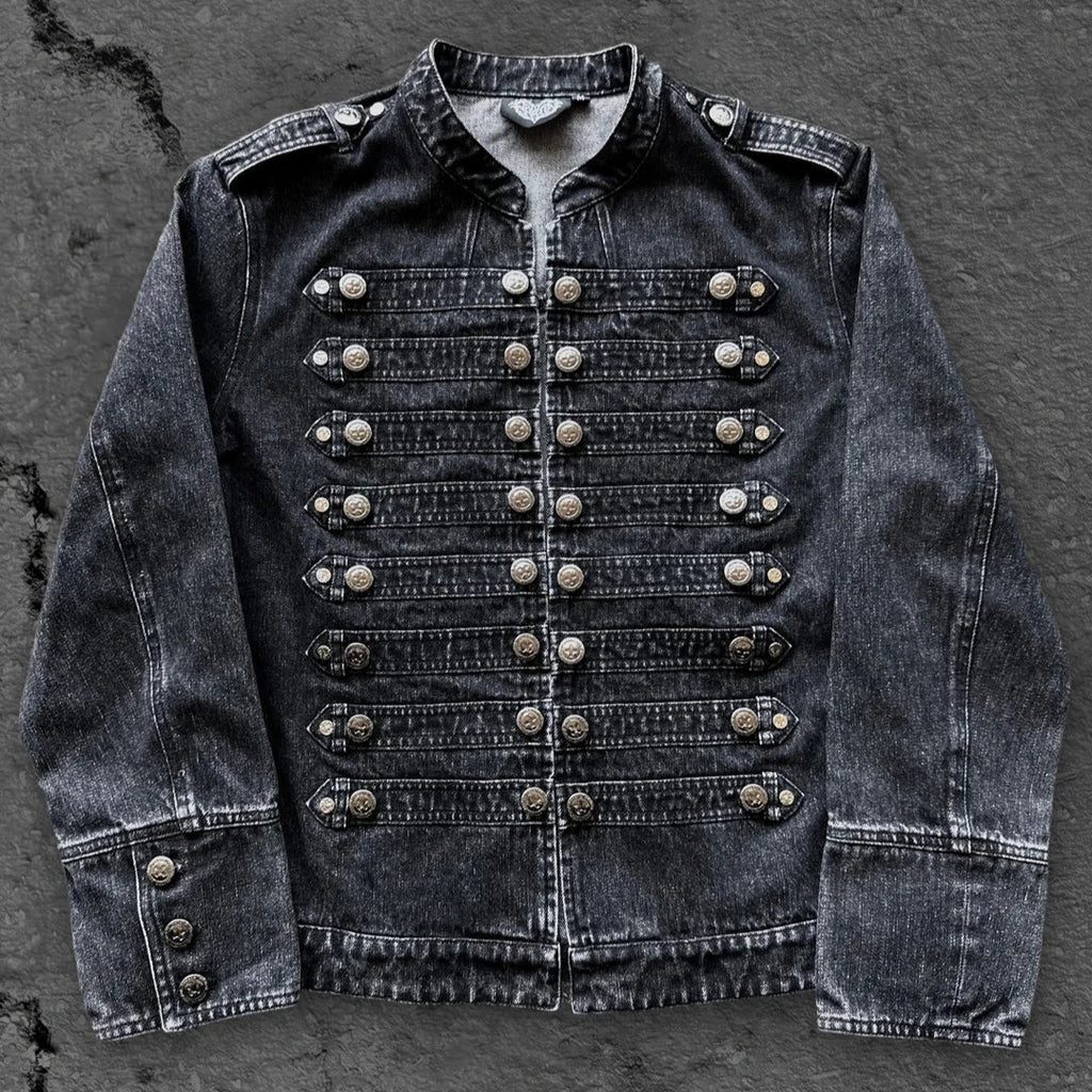 Gothic Motorcycle Denim Jacket Men American Retro Washed Multi Breasted Slim Fit Jacket Y2K High Street Unisex Punk Streetwear