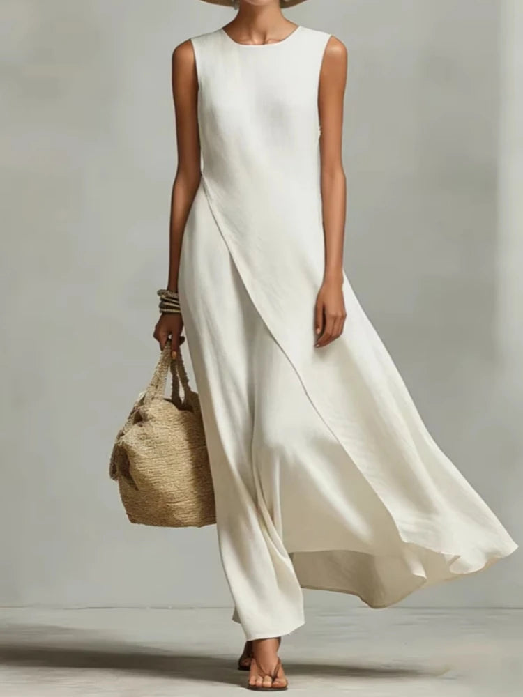 Summer Maxi Dresses For Women Casual O Neck Sleeveless Loose Asymmetrical Hem Long Dress Women Elegant Beach Vacation Sundress