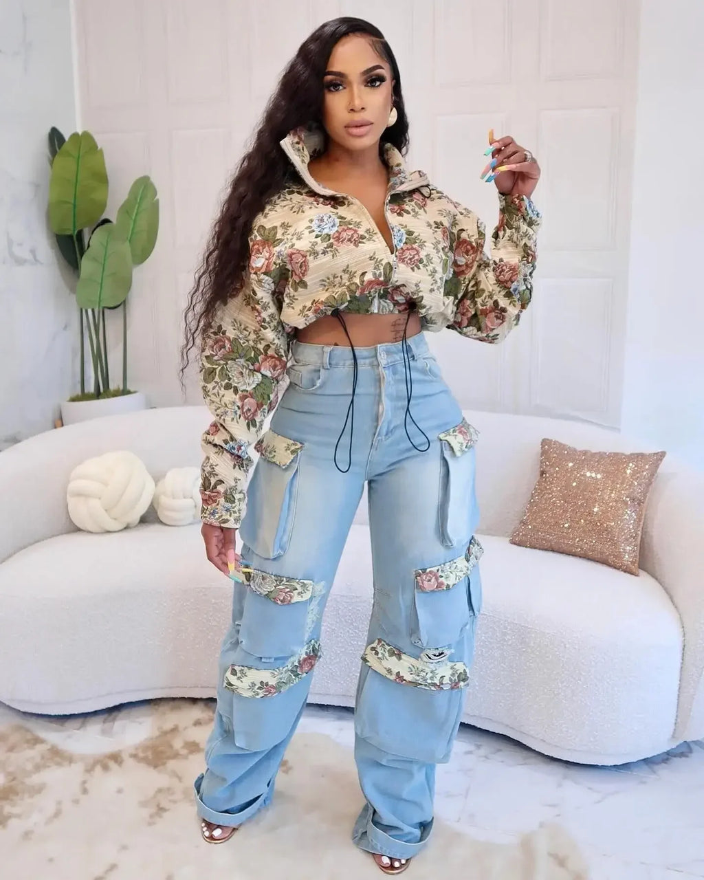 Washed Jeans Women's Set Full Sleeve Floral Jacket and Pockets Cargo Jeans Pants Suit 2025 Street Two 2 Piece Set Outfit