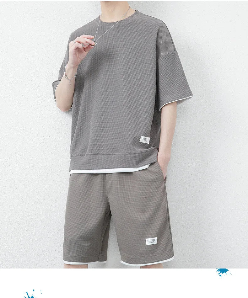 Summer Solid Waffle Tracksuits 2026 Men's Short Sleeve Shorts Casual Two Piece Sets Loose Breathable Men Clothes Joggers Outfits