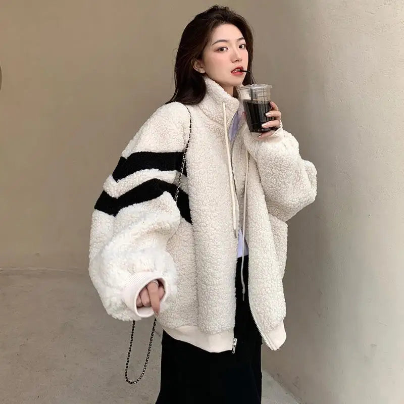 Women Causal Color Block Fleece Jacket Drawstring Zip Up Loose Contrast Striped Warm Winter Coat for Daily
