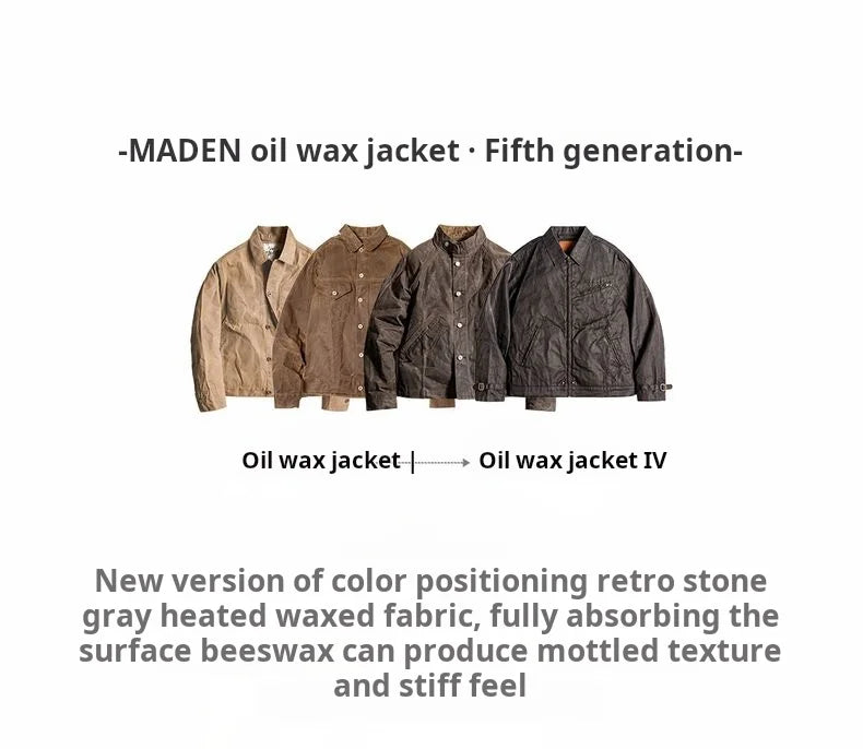 Maden Men's Vintage Oil Waxed Jacket V Waterproof Hunting Coat Double Pleats Grey Canvas Outwear with Patch Pockets for Autumn