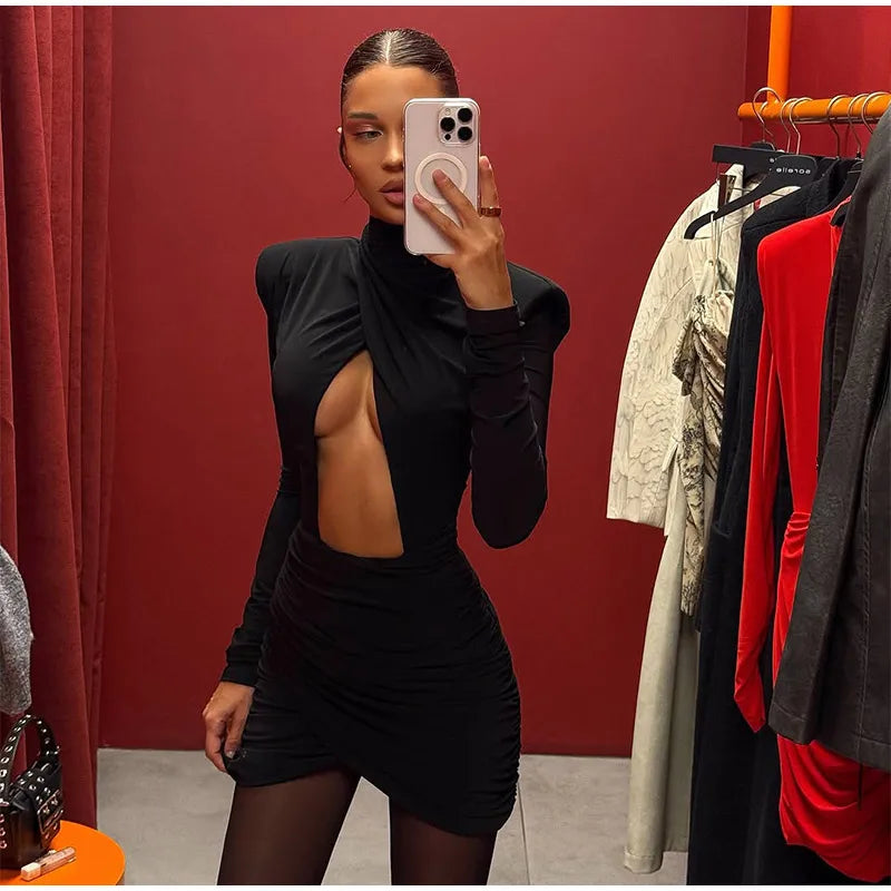 Elegant Hollow Out Mini Dress Women Sexy Long Sleeve Bodycon Waist Cinching Vestidos 2025 Chic Autumn Office Lady Commute Robes