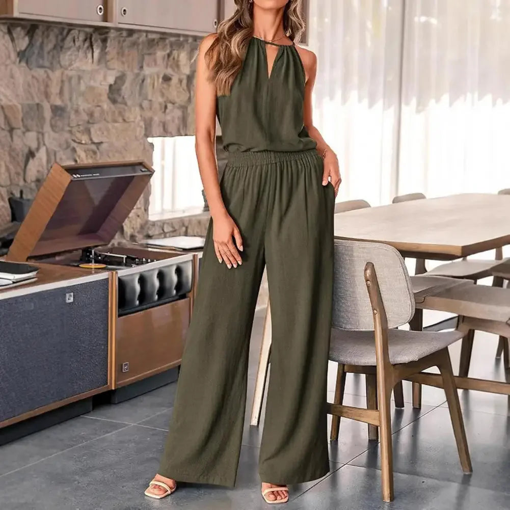 Summer Fashion Retro 2 Piece Set for Women Casual Solid Color Sleeveless Off Shoulder V Neck Top Straight Wide Leg Pants Suits
