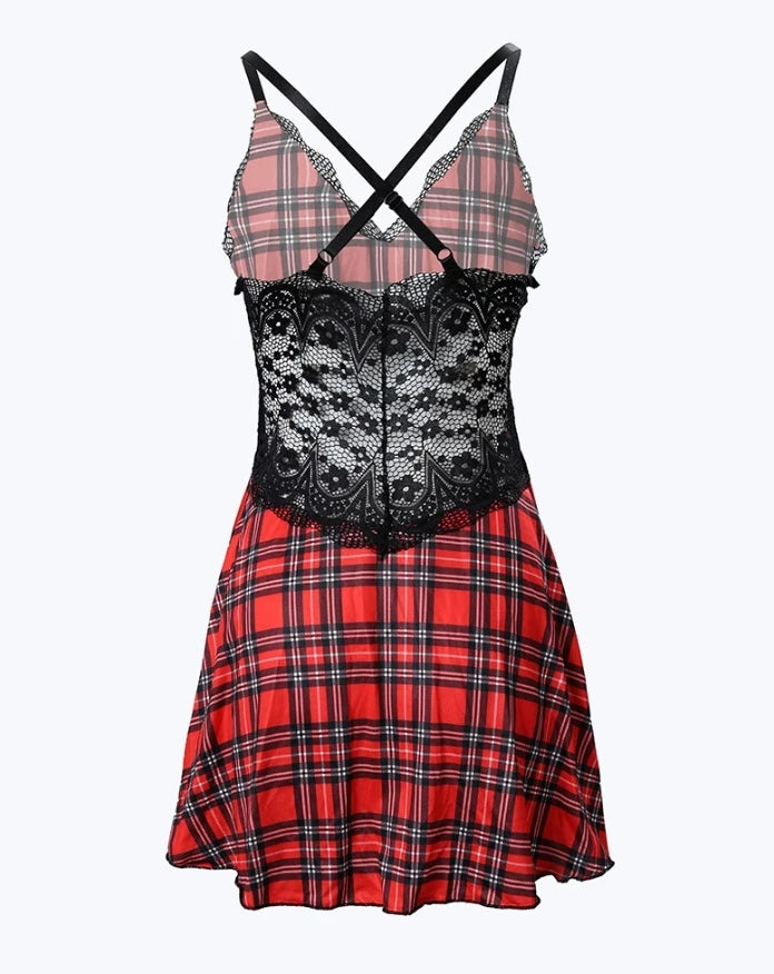 Womens Dresses 2024 Summer Plaid Print Crisscross Backless Sleep Dress Contrast Lace Plunge Sleeveless Nightgown Sleepwear