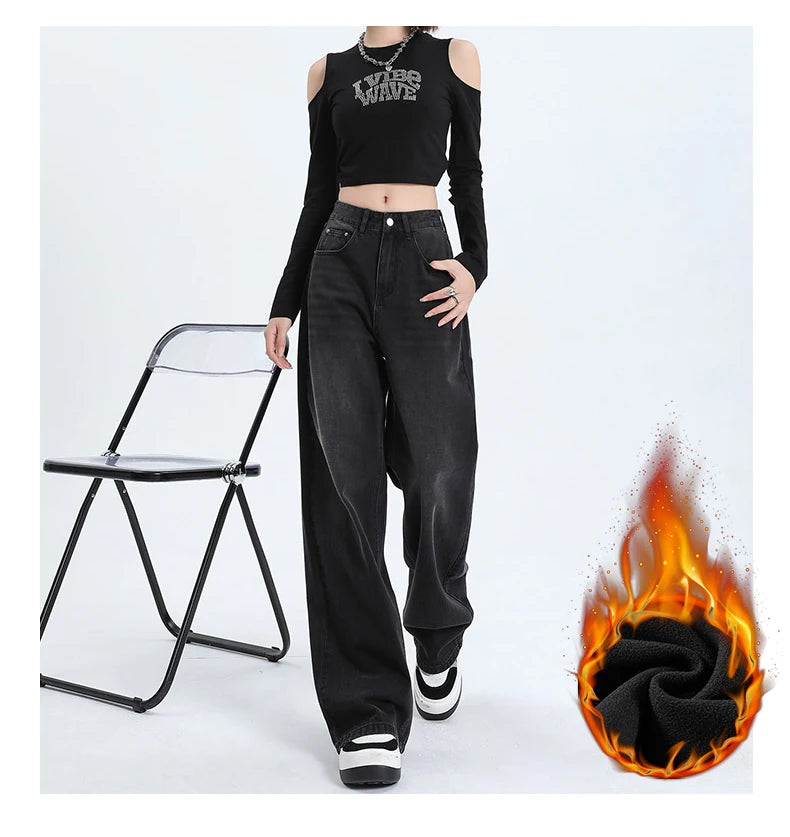 Autumn Winter Fleece Jeans Women Cotton High-waisted Baggy Wide-leg Pants Fashion Korean Vintage Black Gray Velvet Warm Jeans