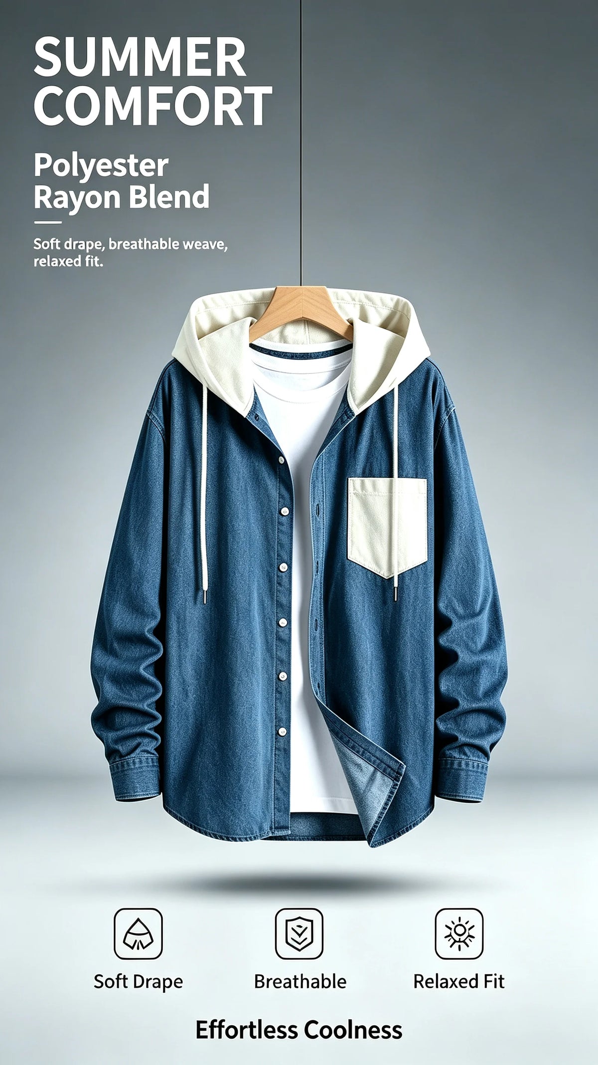 Men Contrast Color Hooded Shirt Long Sleeve Single Pocket Breathable Loose Casual Outerwear For Daily Wear