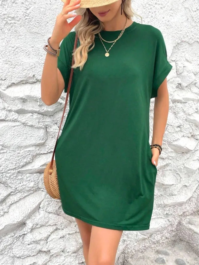 New women's spring and summer fashionable temperament casual commuting solid color round neck loose short sleeved pocket dress
