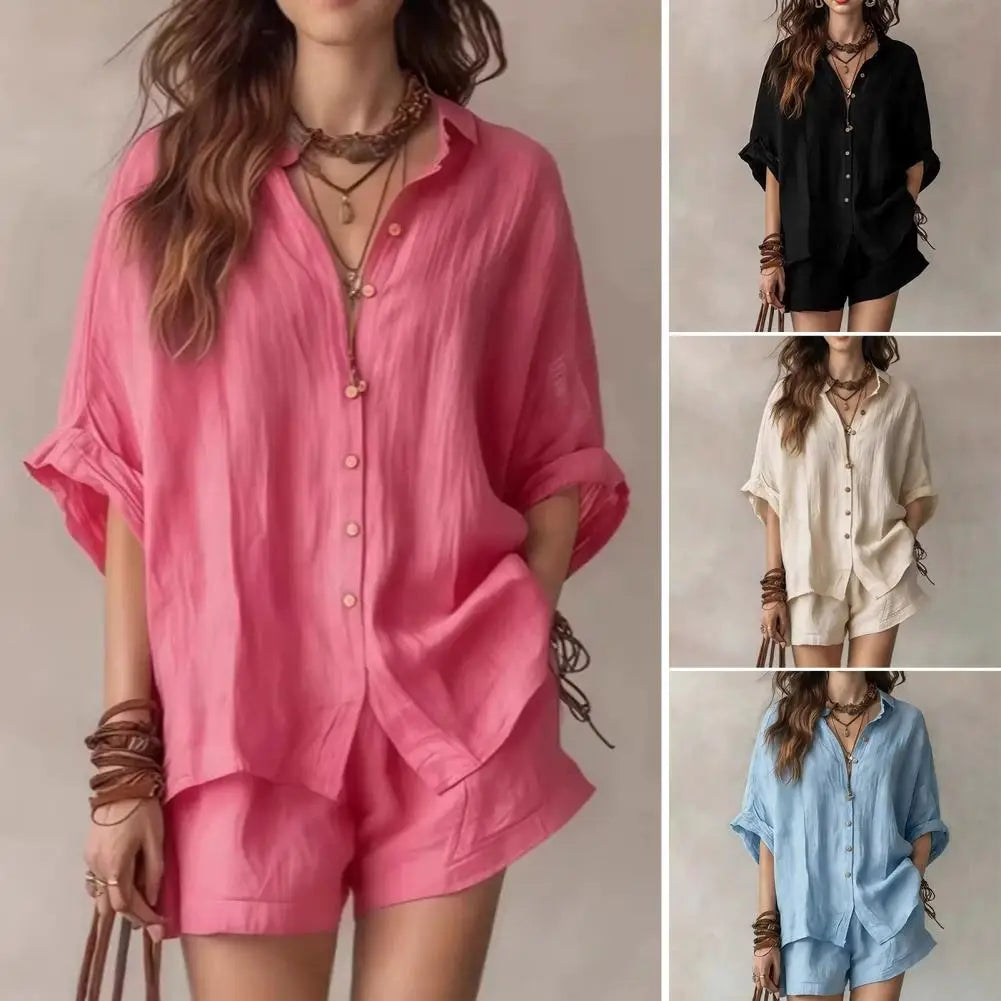 Fashion Loose Print 2 Piece Sets Women Outfit 2026 Casual Short Sleeve Shirt With High Waist Shorts Set Female Homewear