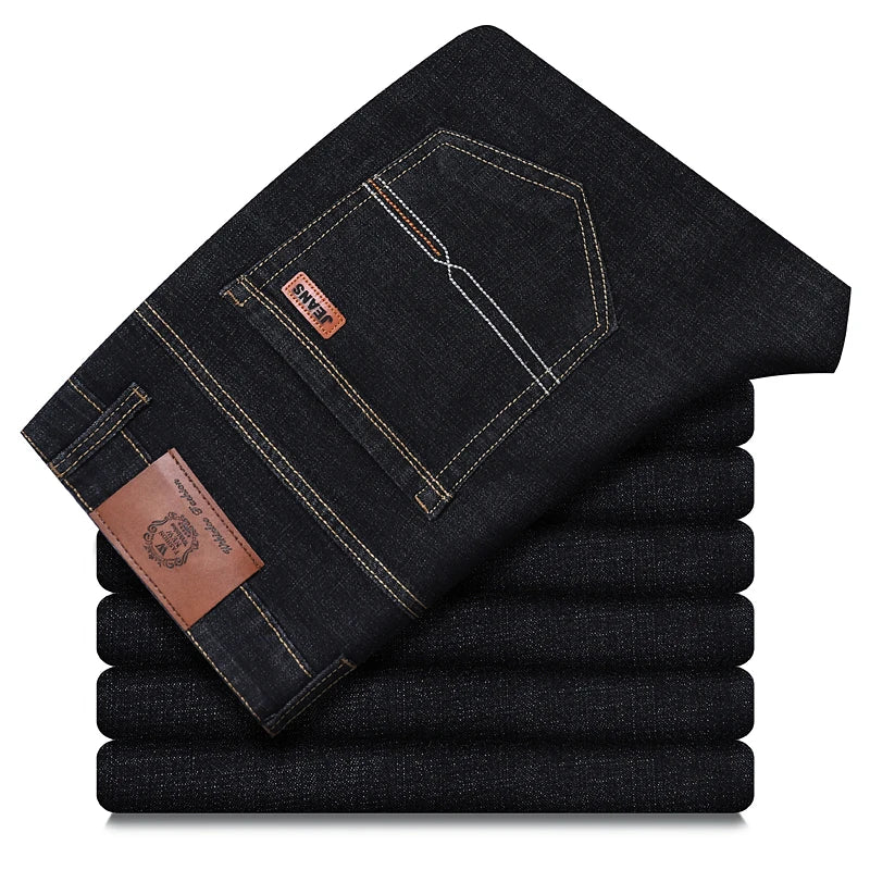 OUSSYU Brand Classic Retro Blue Men's Jeans Denim Pants Work Streetwear Straight Stretch Business Autumn Winter Cotton Trousers