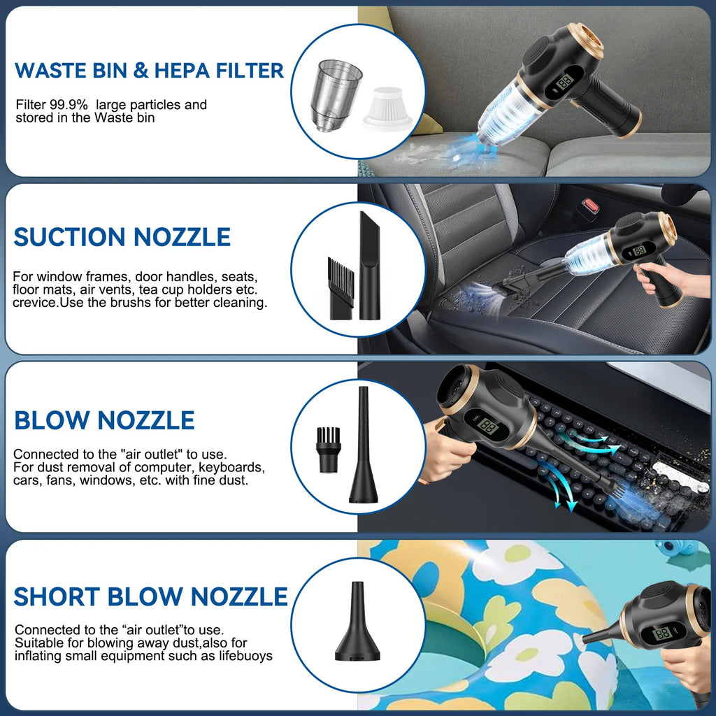 Powerful 2-in-1 Air Duster & Vacuum, Handheld Cordless Cleaner with Digital Display for Electronics Car Home Office