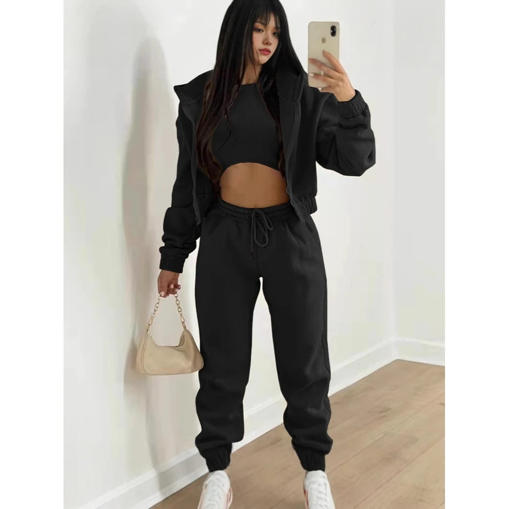 Women's Three-Piece Set Fleece-Lined Hoodie Sweatpants Sporty Casual Winter Outfit Complete Matching Long Pants Leggings