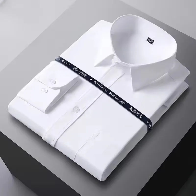 Men Formal Shirt Long Sleeve Autumn Office Solid Color Fashion Business Pocket White Social Pocket Office White Shirt S-7XL 6XL