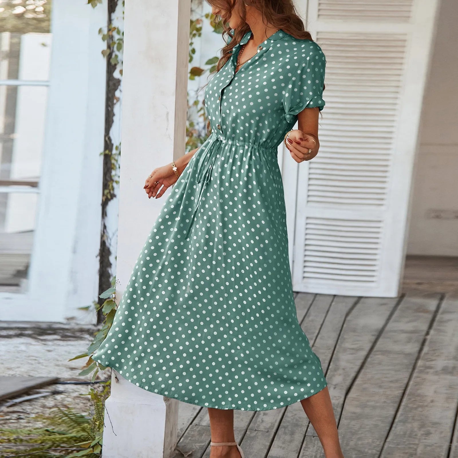 Elegant retro polka dot dress Women's Summer Midi Dress V Neck Single Breasted Short Sleeve Dresses Fashion Print Dress
