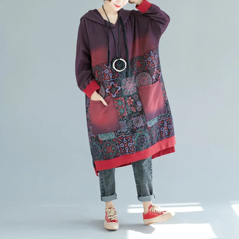 Mid Length Dress Women Hooded Dresses Casual Loose Vestidos Maxi Autumn Elegant Splice Hoodies Y2k Streetwear Print Summer 2025