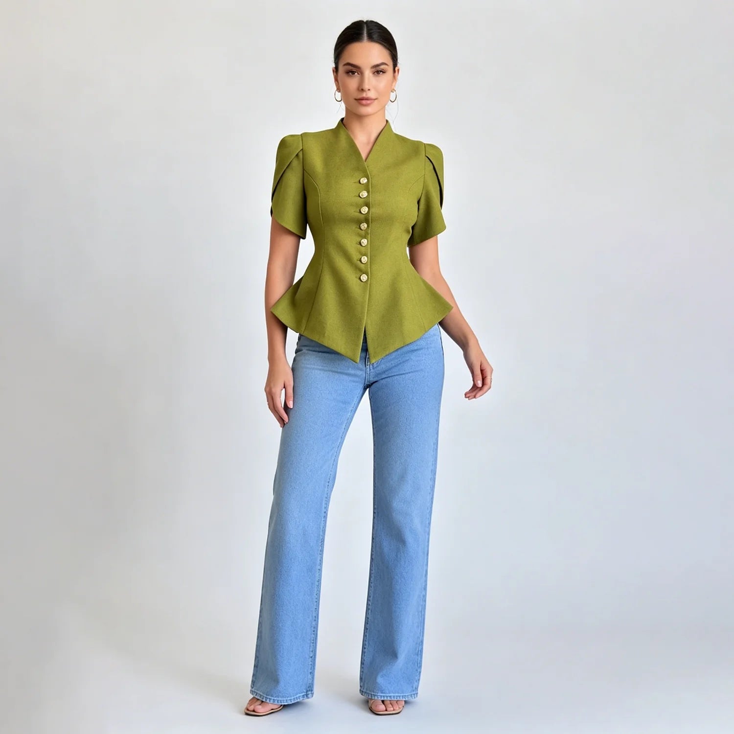 LIMO Peplum Blazer Top with V-Neck, Puff Sleeves and Decorative Buttons