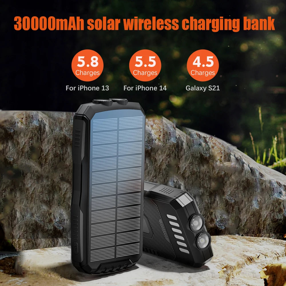 30000mAh Solar Power Bank with Wireless Charger, Dual USB Outputs, Bright LED Flashlight, Waterproof