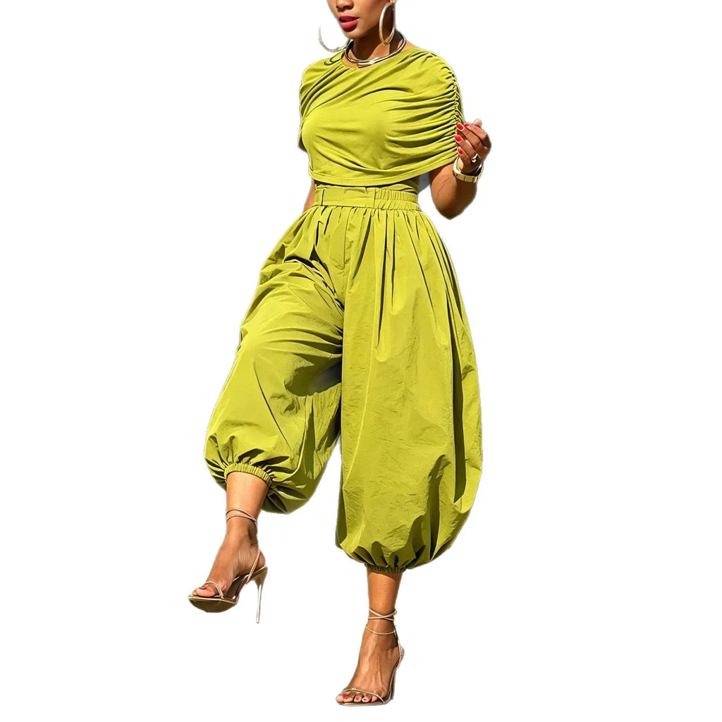 Two Piece Matching Set Ruched Short Sleeve Crop Top and Balloon Harem Pants Women Casual Streetwear Loose Baggy Wide‑Leg Outfit