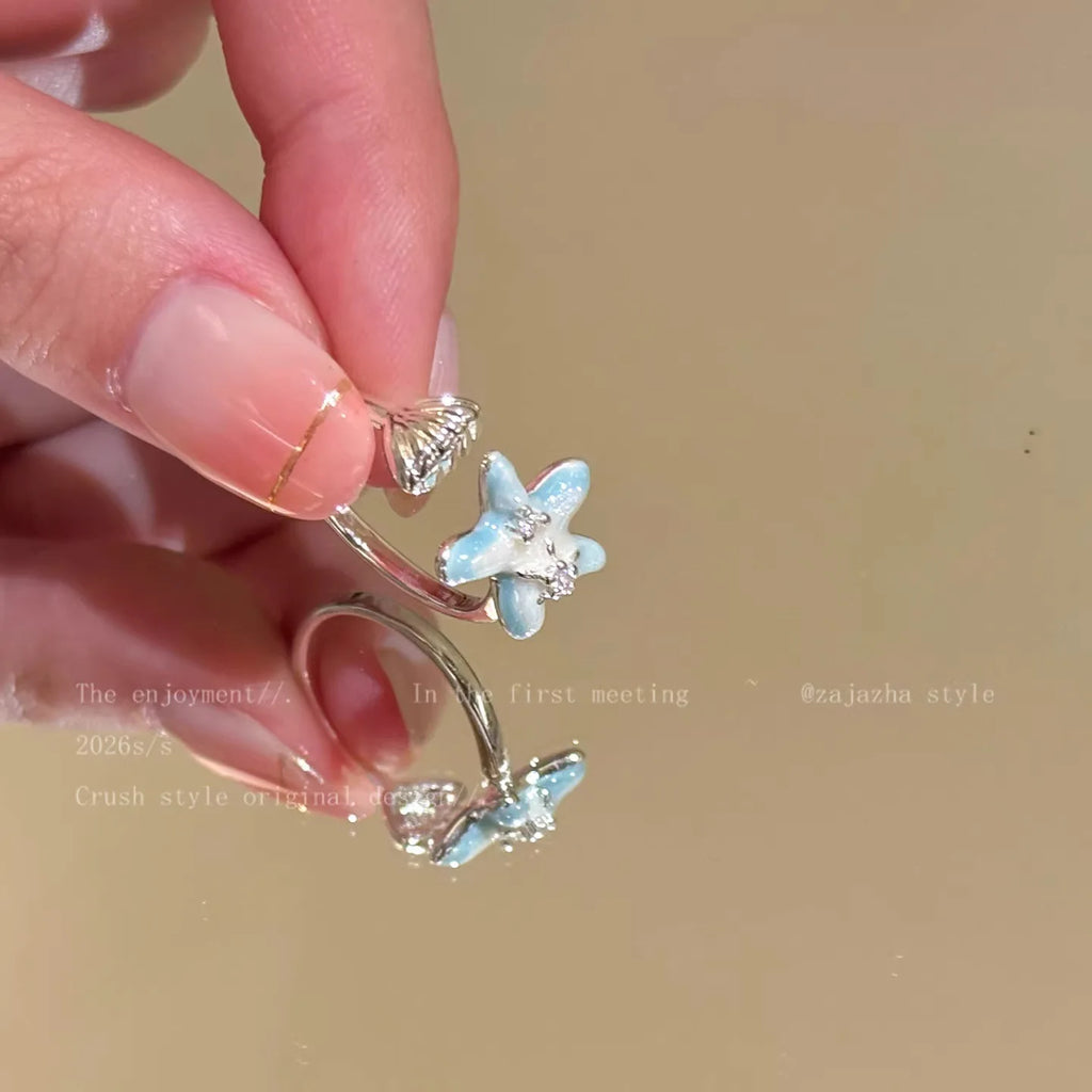 Sweet Blue Starfish Shell Rings for Women Girls Fashion Imitation Pearl Open Rings Summer Ocean Vacation Jewelry Accessories