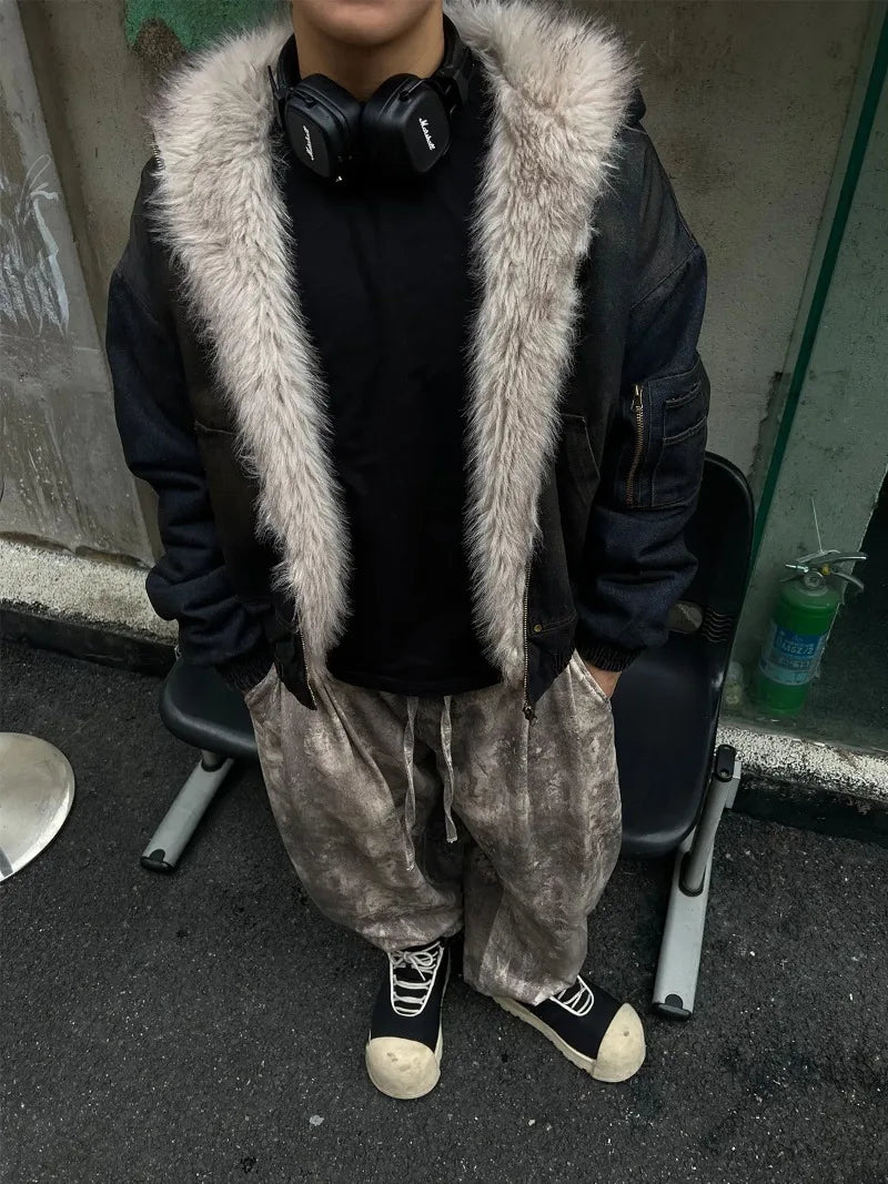 American High Street Vintage Denim Jacket Men Winter Thick Warm Jacket for Men Fashion Streetwear Zip Up Hoodie Coats Clothing