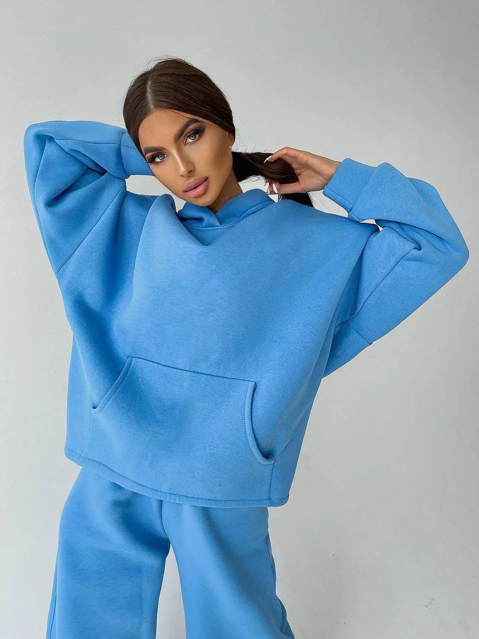 Woman's Solid Color Hooded Sweatshirt Pant Two-piece Set Fashion Long Sleeves Pocket Pullovers Pants Suits Ladies Loose Outfit