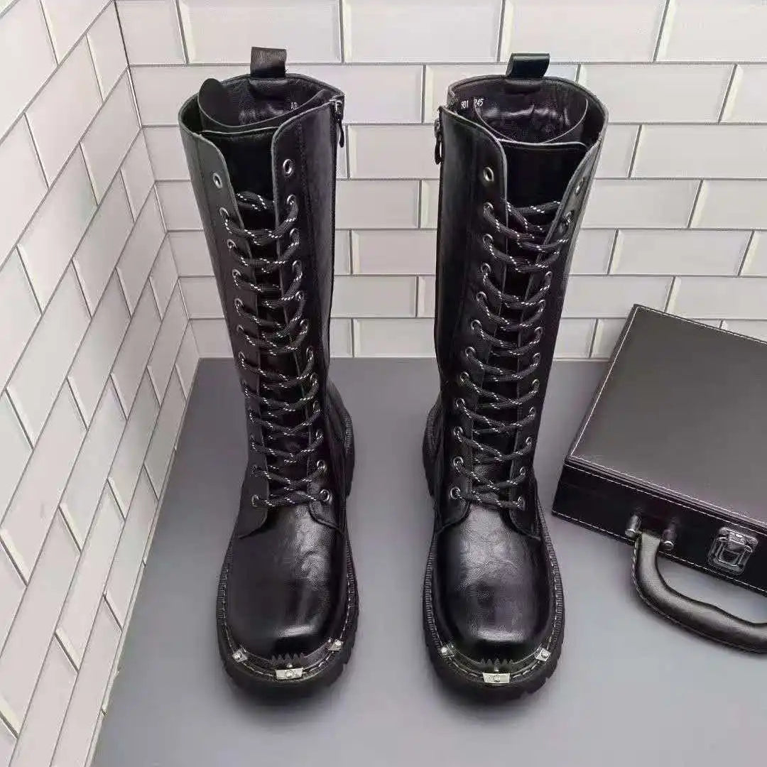 men's fashion party nightclub dress motorcycle boots black soft leather shoes autumn winter cowboy high boot long botas hombre