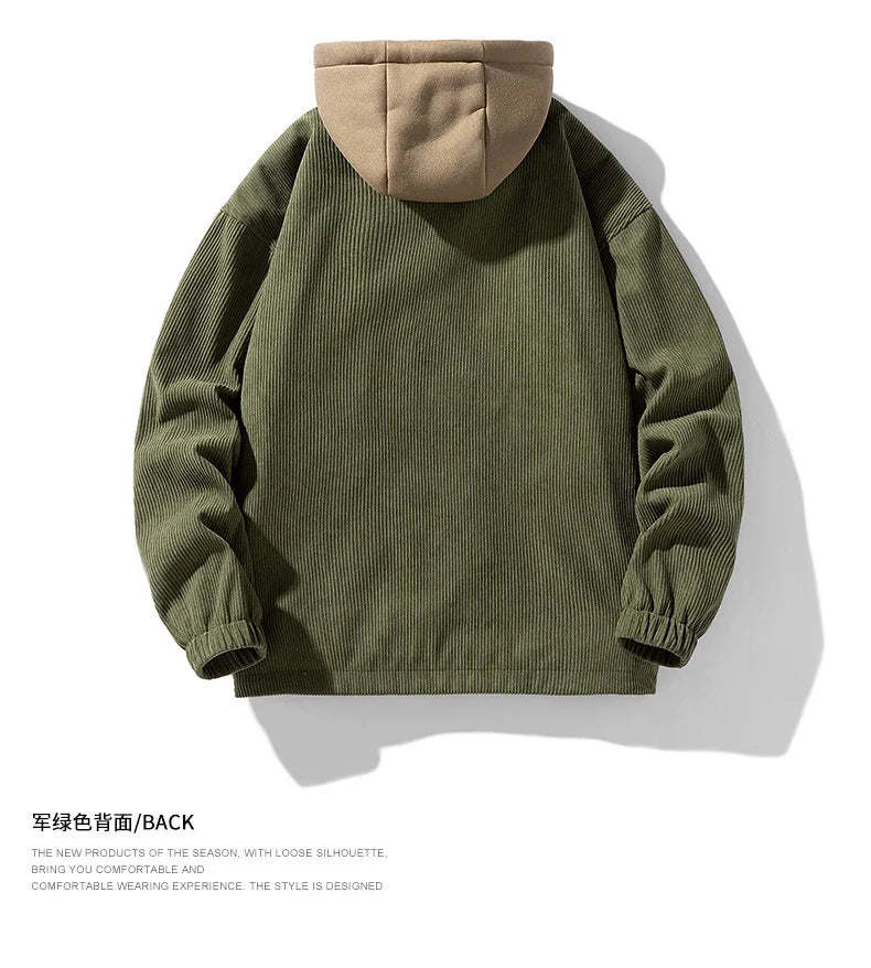 2025 New Corduroy Jacket Men's Harajuku Japanese Windproof Warm Fake Two-piece Hooded Coat Womens Casual Loose Pocket Jacket 4XL