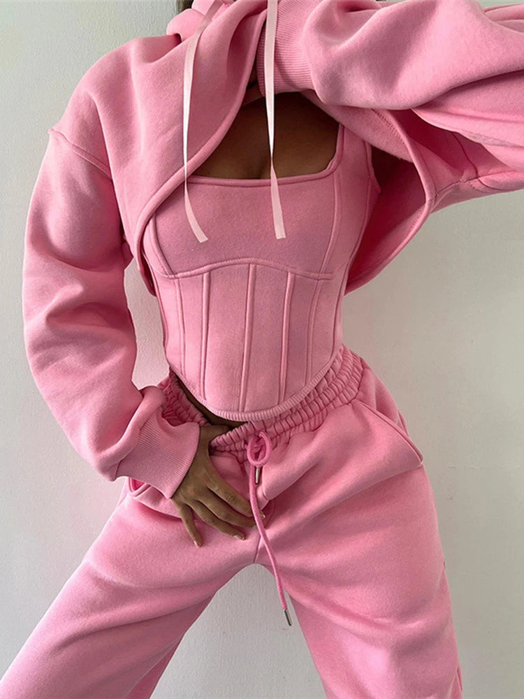 Women Hooded 3 Piece Set Corset Vest Cropped Sweatshirt Elastic Waist Pants Tracksuit Autumn Casual Lady Streetwear Matching Set