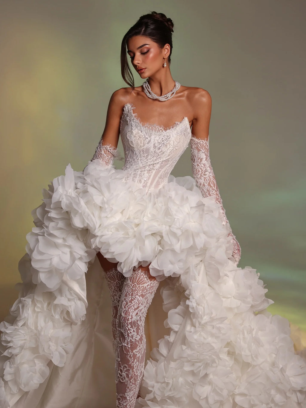 White Lace Wedding Dress Bridal Gown Luxury High Low Hem Train Prom Dress Strapless Puffy Ruffled Dressing Gowns Customized 2026
