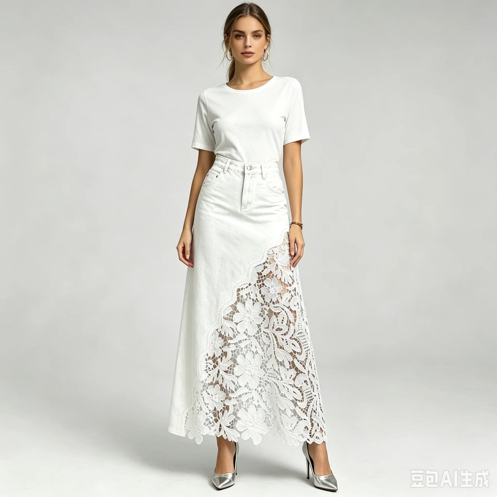 Canwedance Washed Denim Skirts Elegant Floral Lace Patchwork High Waist Maxi Skirt Casual Denim Stretch Pencil Skirt Mujer