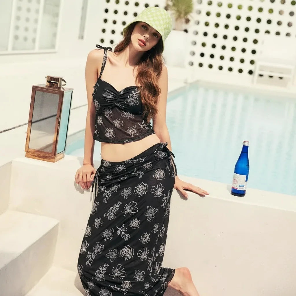 Retro Style Floral Embroidery Three Piece Swimsuit Slim Long Suspender Dress Women Holiday Beach Vacation Cover Up Bikini Outfit