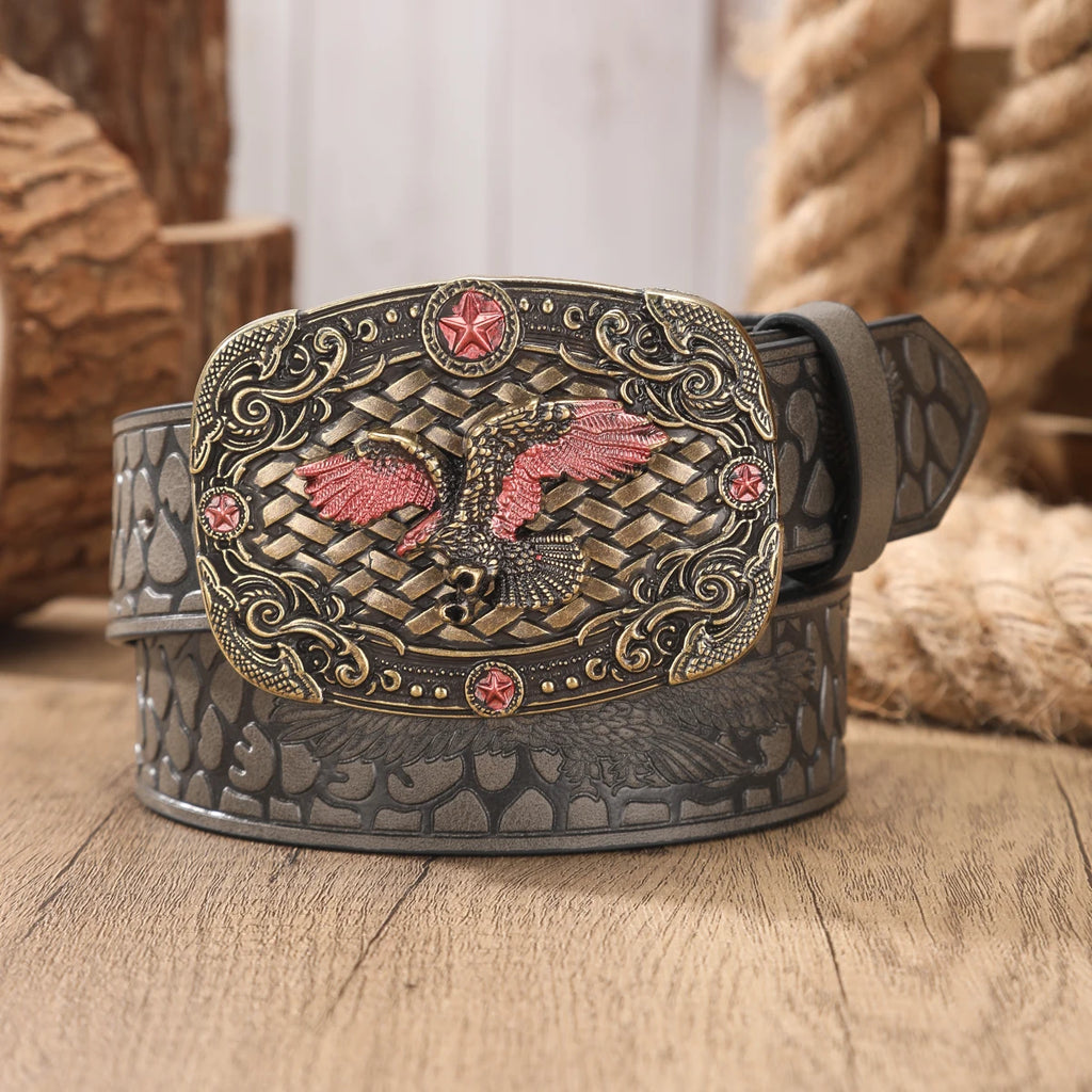A Western-style denim belt in retro style - made of PU material - suitable for both men and women - pairs well with jeans