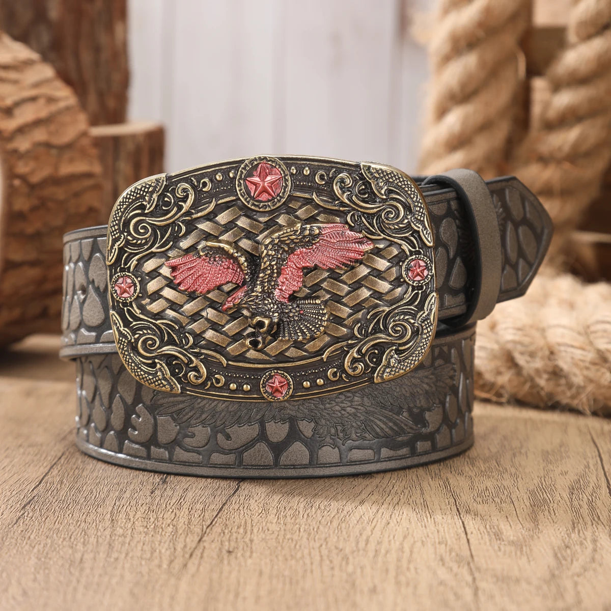 A Western-style denim belt in retro style - made of PU material - suitable for both men and women - pairs well with jeans