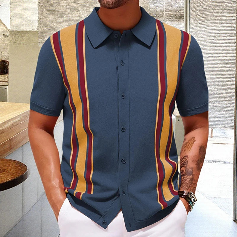 Summer Men Knitted Cardigan Polo Shirts Short Sleeve Striped Jacquarded Business Shirts American Retro Premium Quality Knitwear