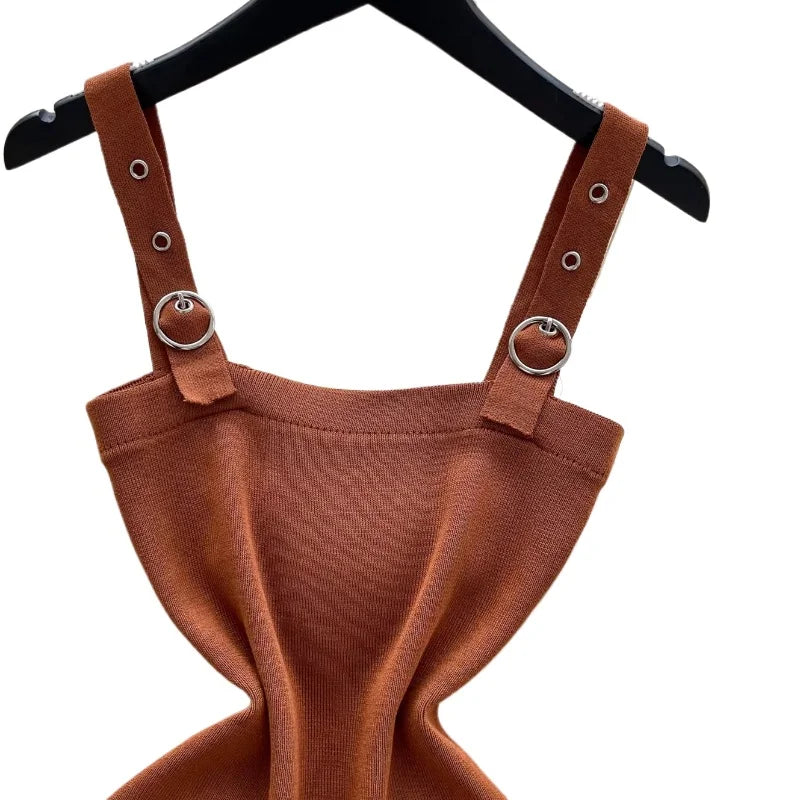 Women's Brown Spaghetti Strap Square Neck Sundress Metal Buckle Stretchy Ribbed Knit Bodycon Mini Dress Summer Party Dress