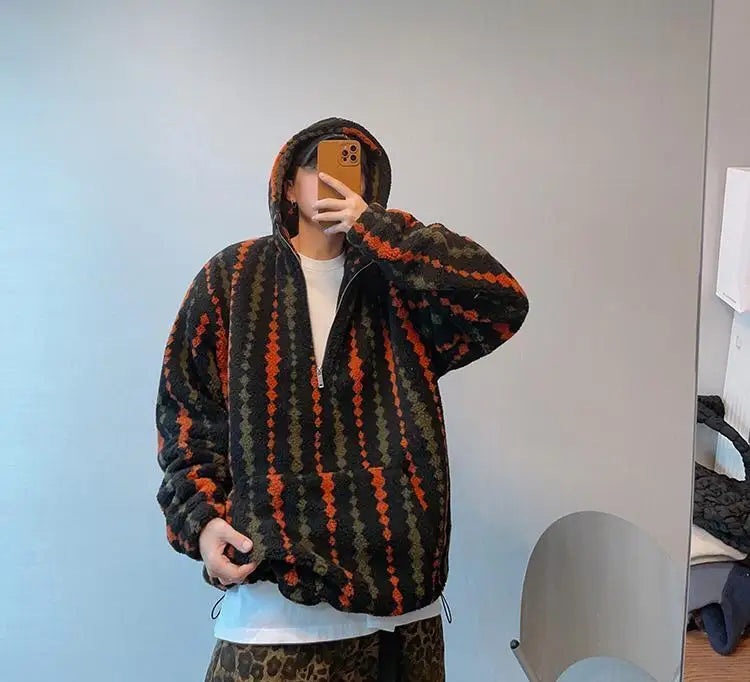 Retro Vertical Striped Autumn Winter Oversized Hooded Overcoat Men's Warm Velvet Loose Casual Half-zip Jackets Male Clothes