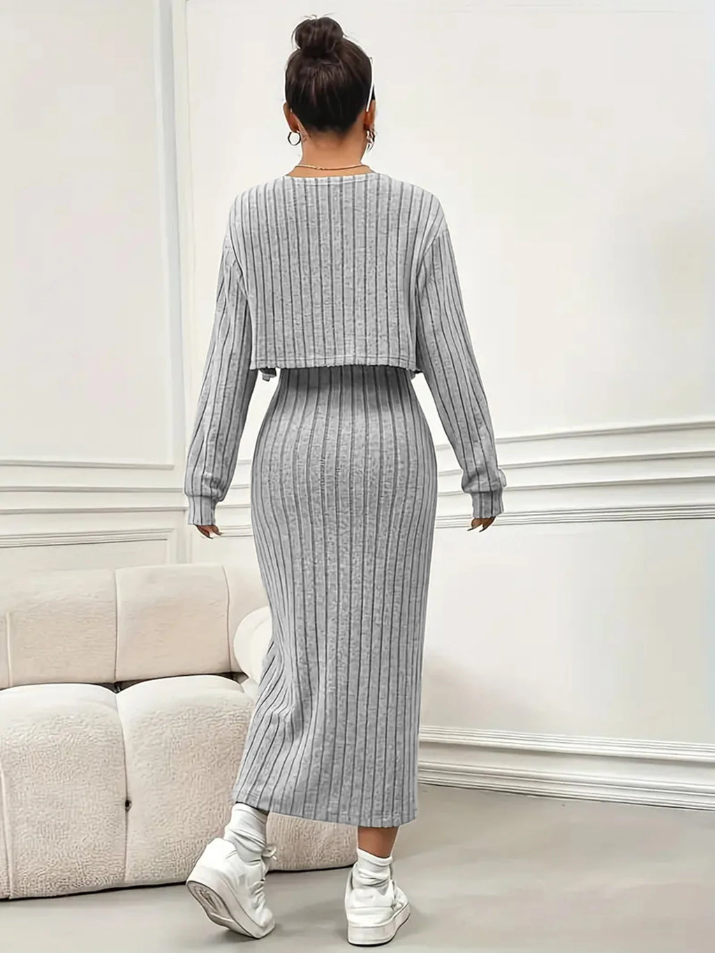 Plus Size Women 2 Piece Ribbed Knit Matching Set Long Sleeve Open Front Cropped Cardigan Spaghetti Strap Side Slit Midi Bodycon