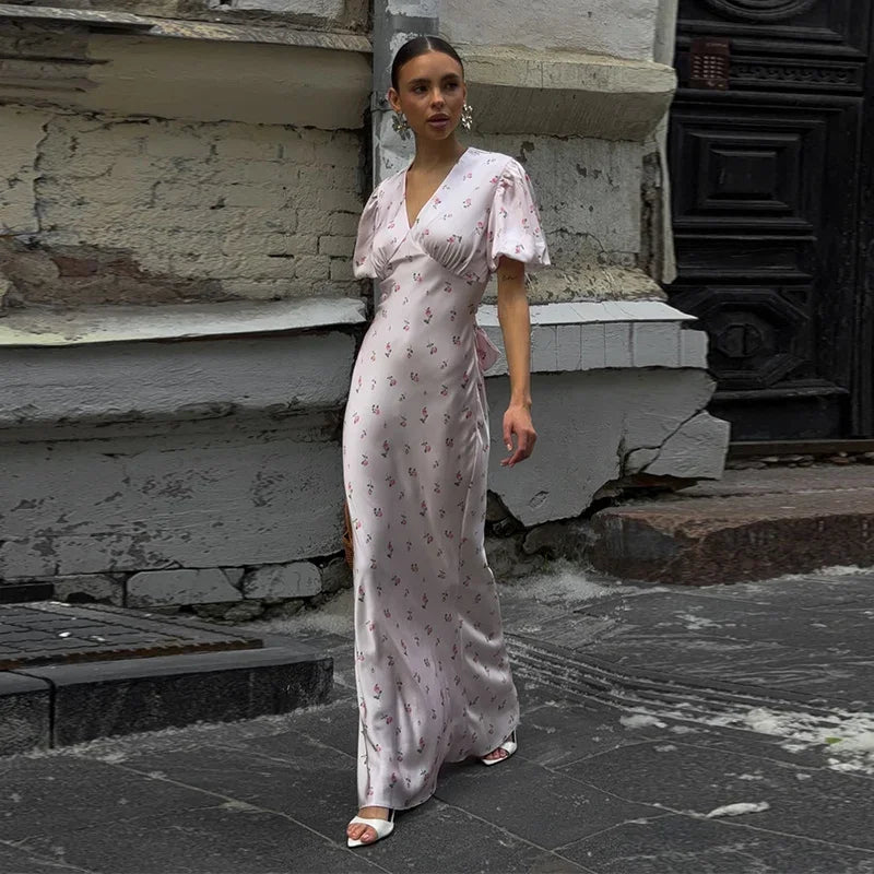 Elegant Print Women Long Dress Fashion V-neck Pleated Flutter Short Sleeve Empire Female Dresses 2026 Summer Chic Female Robe