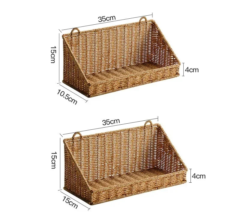 Woven Imitation Rattan Wall Mounted Storage Basket Slanted Shelf Organizer for Kitchen Living Room Bathroom Bedroom Balcony