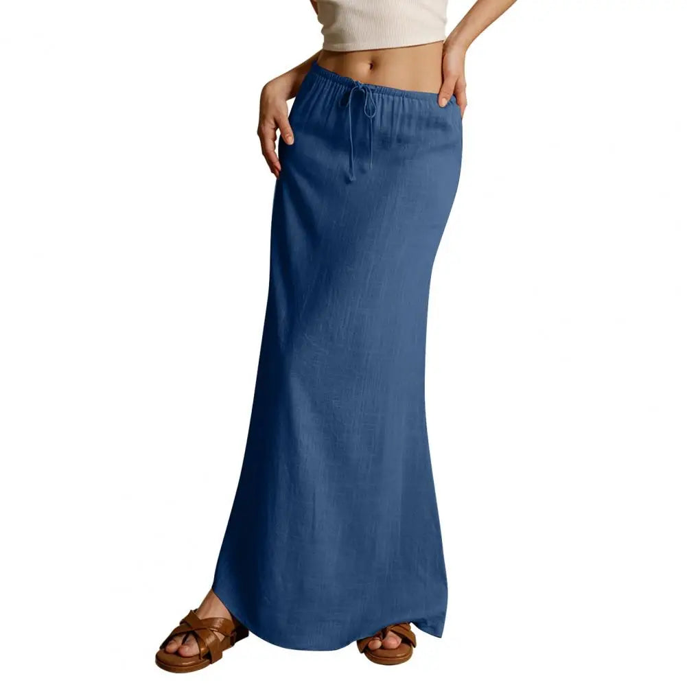 Summer Women Maxi Skirt Mid-rise A-Line Drawstring Solid Color Long Lady Skirt Work Leisure Daily Wear