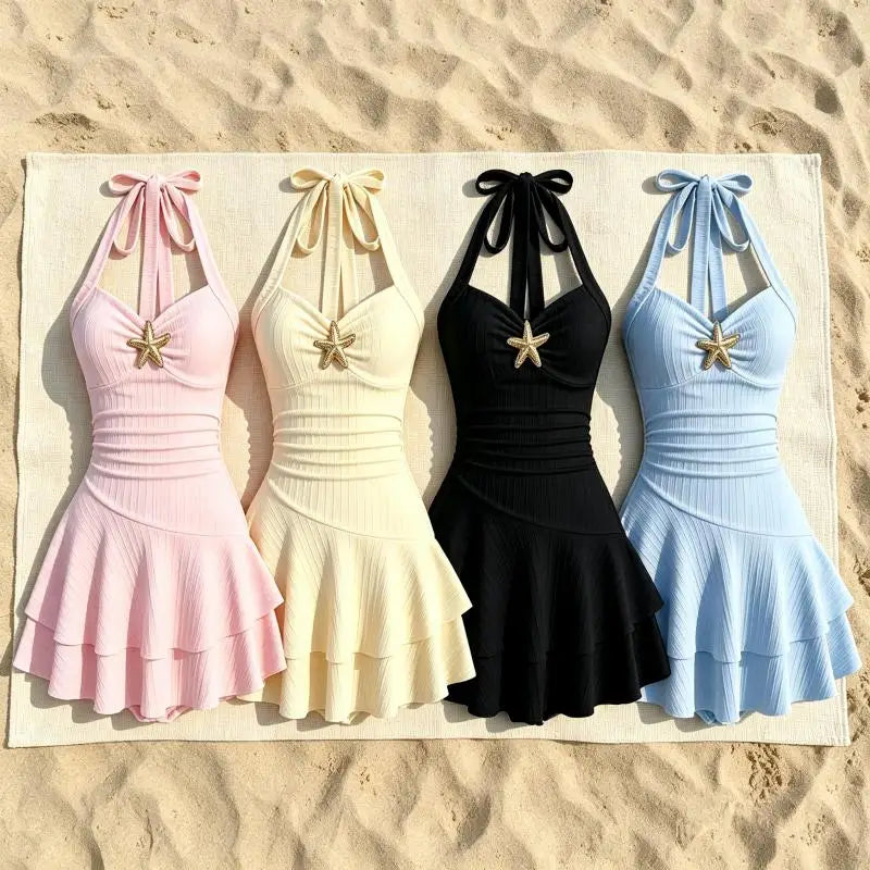 Women Summer Halter Mini Dress Sexy Tiered Ruffle Bodycon Short Dress with Starfish Decor Vacation Beach Party Outfit