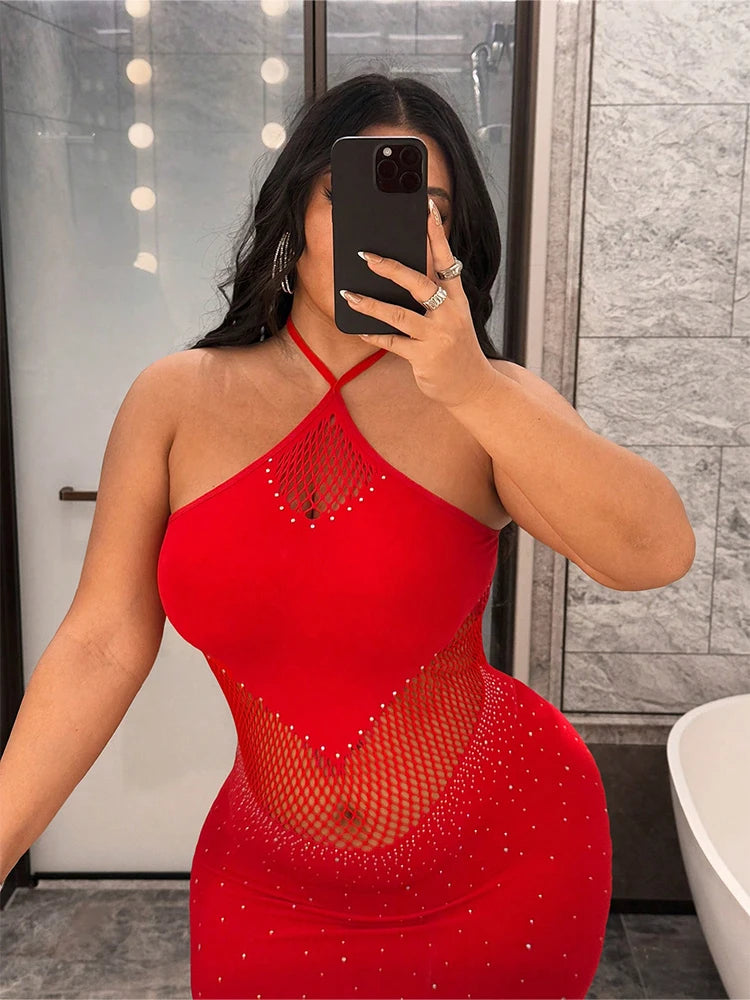 Women Rhinestone Sexy Dress Mesh Hollow Out Fitted Mini Dress Plus Size Sleeveless Skirt Club Party Summer Beach Wear Dress