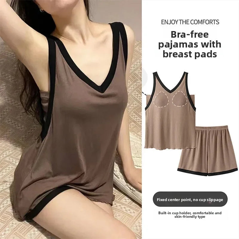 Women Sleeveless Summer Casual 2/pce Set Girls Spaghetti Strap Vest Shorts Outfit Lady Color Blocked Bra Pad Fashion Loungewear