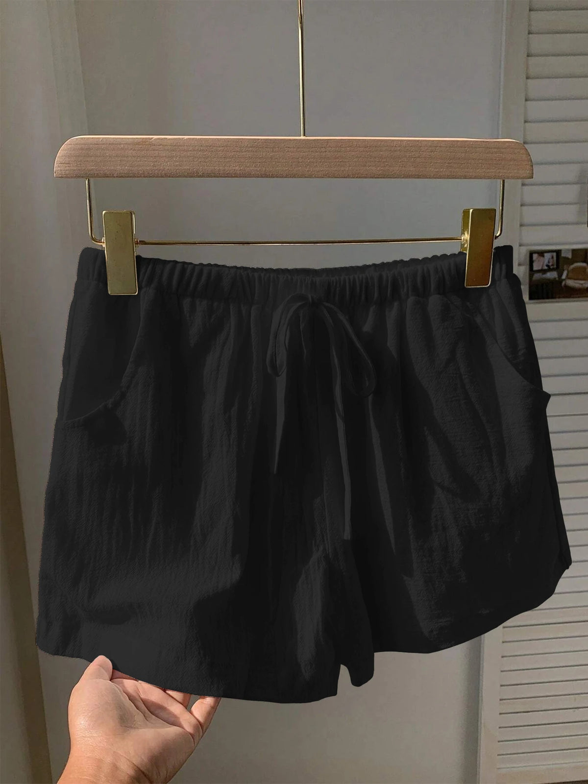Ladies New Spring Summer Linen Solid Color Casual Sports Elastic Waist Drawstring Short Pants