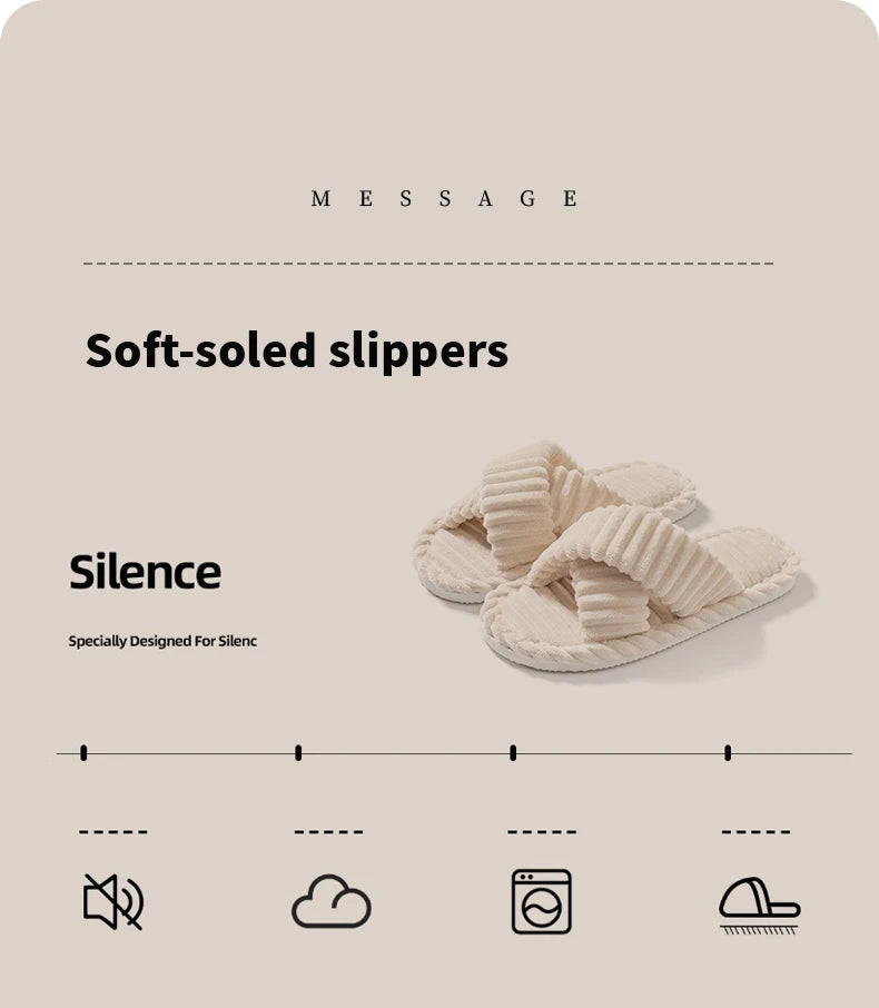 Fashion Corduroy Cross Band Open Toe Home Slippers Women Autumn Winter Warm Plush Slides Ladies Bedroom Soft Sole Slippers