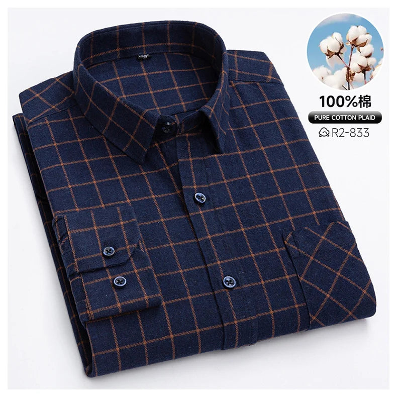 Classic Retro Plaid Flannel Shirt Long Sleeve 100% Cotton Fashion Casual Soft Spring Autumn Winter Standard Pocket Men's Shirt