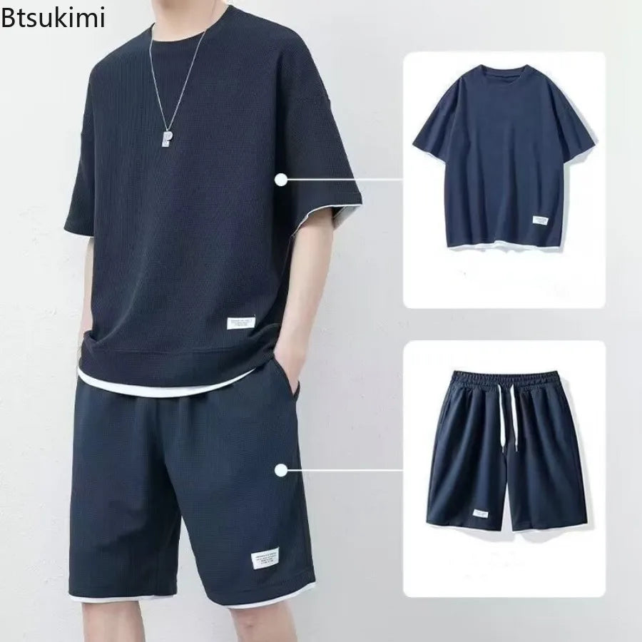 Summer Solid Waffle Tracksuits 2026 Men's Short Sleeve Shorts Casual Two Piece Sets Loose Breathable Men Clothes Joggers Outfits