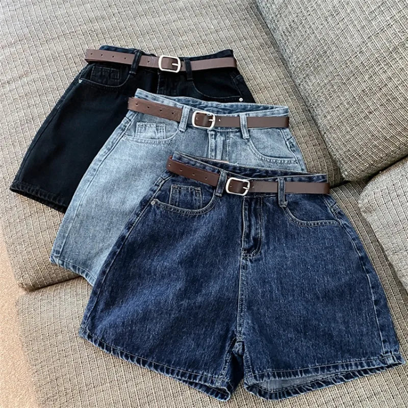 Women High Waist Denim Shorts Summer Chic Streetwear Female Casual Wide Leg Short Pants Solid Color Lady Loose Straight Shorts