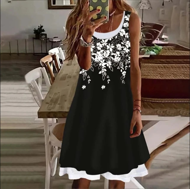 Woman Clothes Dresses Printed Sleeveless Knee-high U-neck Casual Soft and Comfortable Loose Floral Fake Two Pieces Female Dress